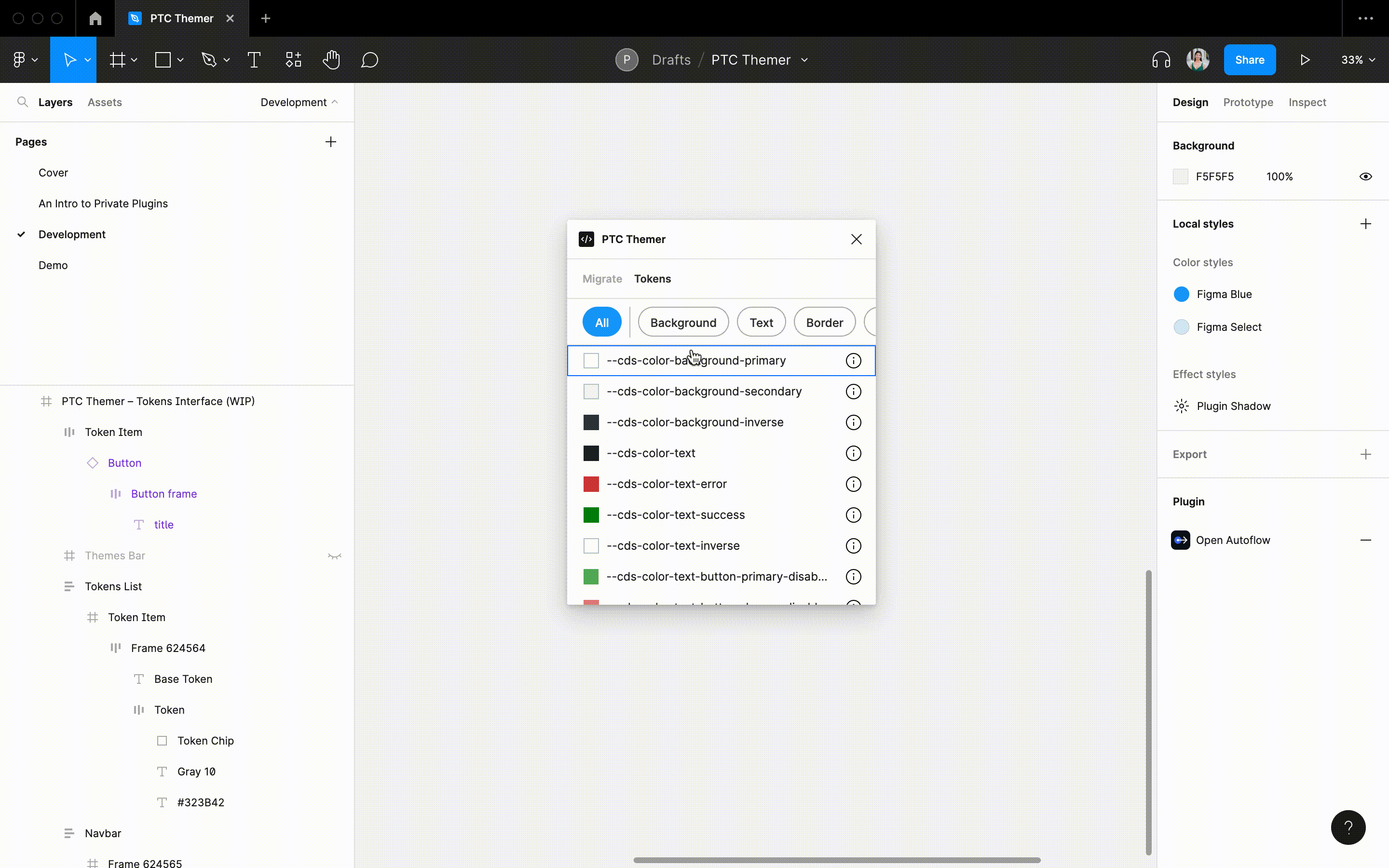 Designers can filter through a list of design tokens in PTC Themer